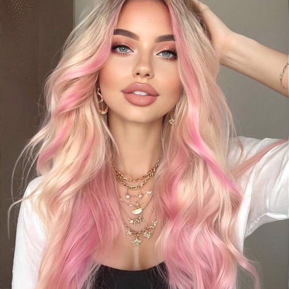 blonde highlight Pink long Wavy Synthetic Wigs Natural-looking Heat Resistant